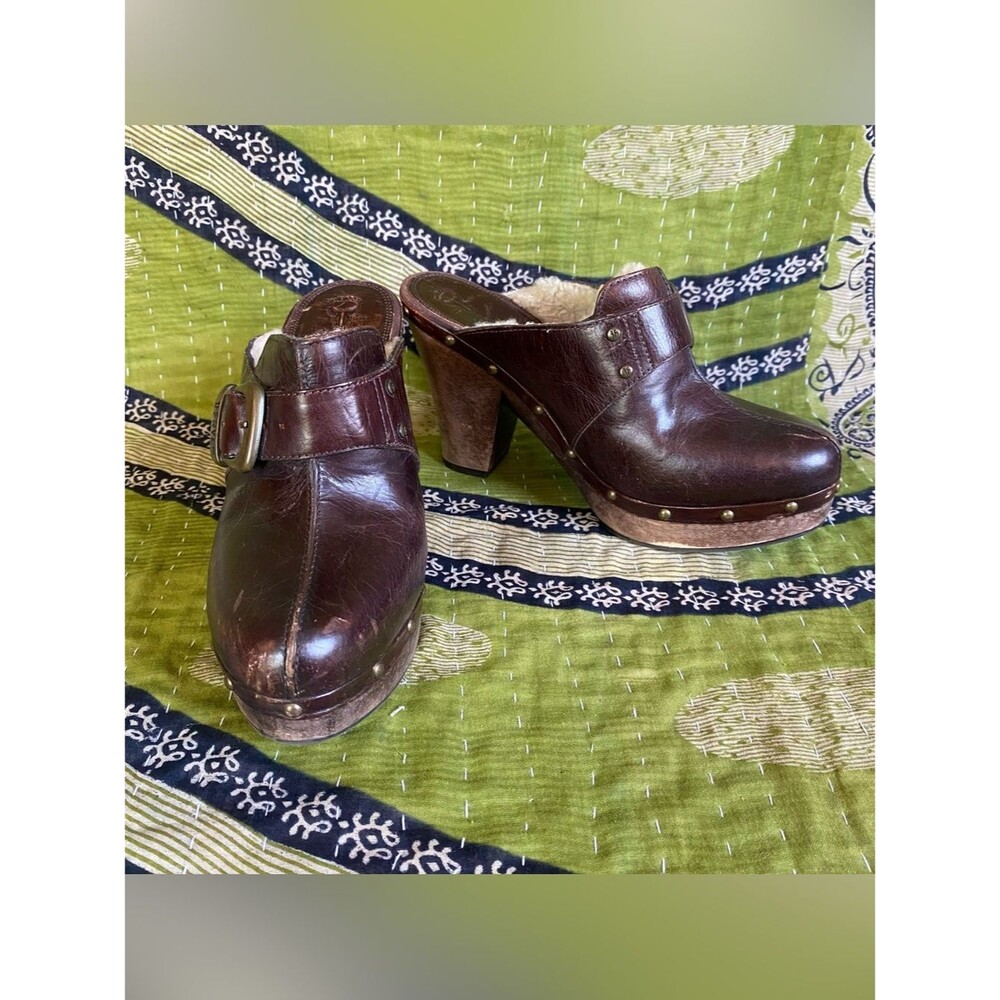 Y2K Frye Ella Leather Shearling-Lined Platform Mules 7.5B Boho Rustic Western